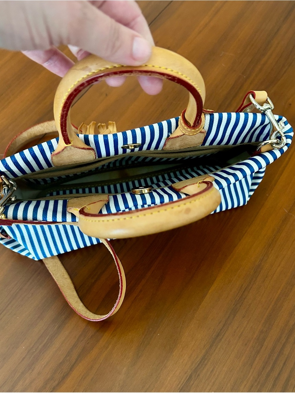 Dooney & Bourke Vintage Striped Navy and White Canvas Tote with Tan Leather Trim - Picture 8 of 10
